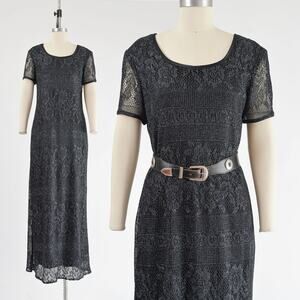 Vintage 90s Black Sheer Lace Metallic Silver Boho Whimsigoth Maxi Dress M L